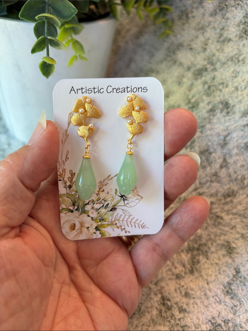 Artistic Creations Gold Ginkgo Leaf Drop Earrings w/ Green Teardrop NWT 1.75” - Picture 9 of 11